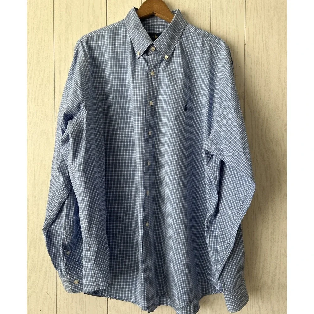 Polo Ralph Lauren Shirt Mens XXL Blue White Gingham Cotton Button Down Pony